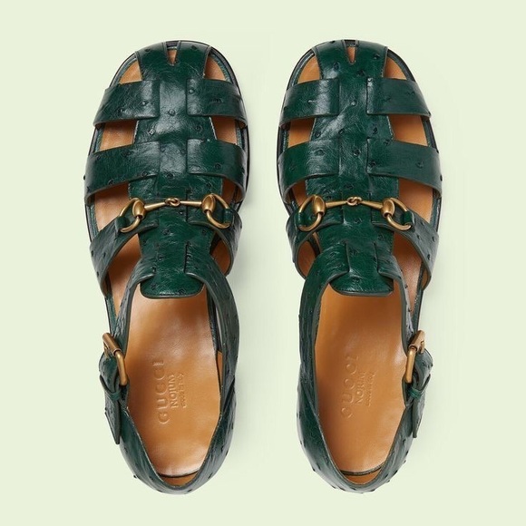 Gucci Exotics Men’s Emerald Green Ostrich Leather Fisherman Sandals Size 10 NWT - Picture 2 of 16